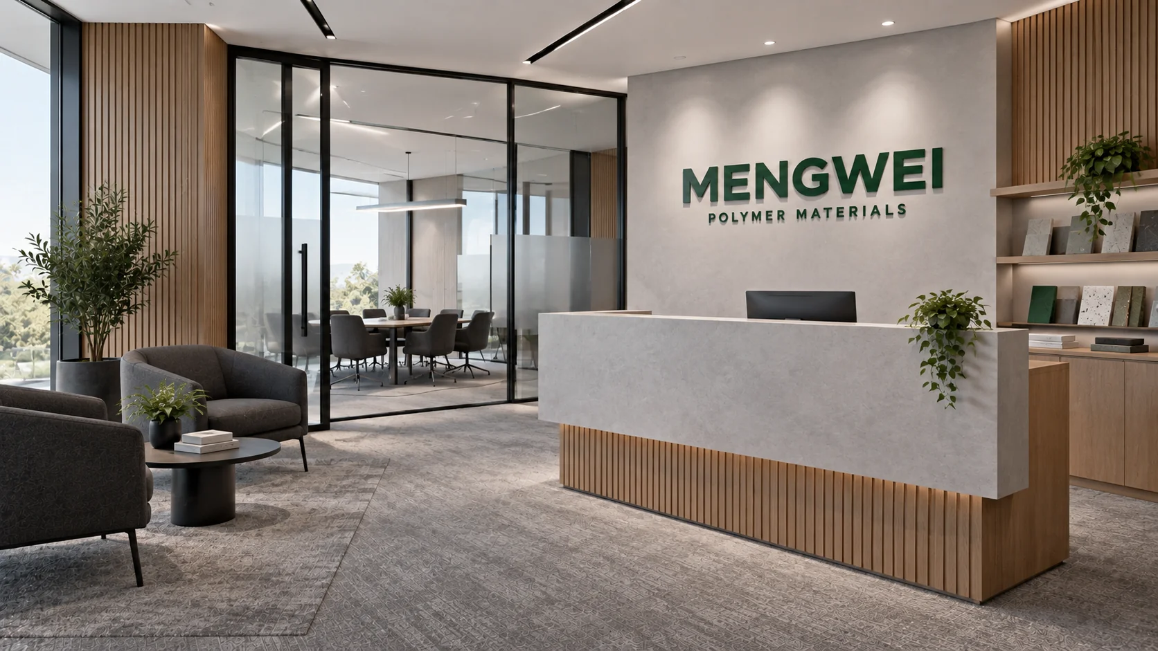 แผนกต้อนรับพร้อมตัวอักษร MENGWEI สีเขียว เคาน์เตอร์สีเทา และงานไม้